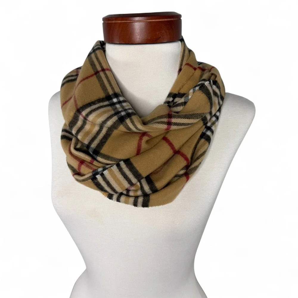Cashmink Beige Tan Plaid‎ Infinity Scarf Camel Checkered Classic Cozy Preppy
